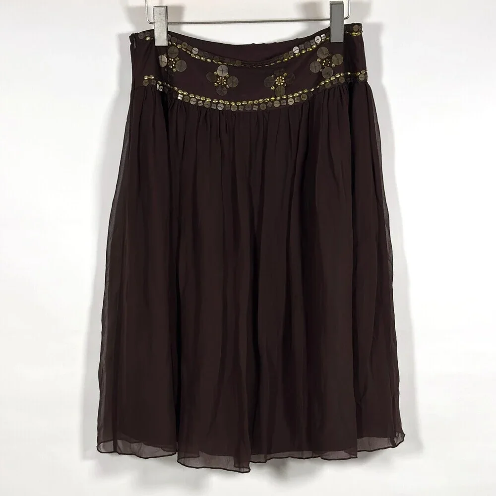 Willi Smith Brown Silk Midi Skirt Gold Sequins - Size 10